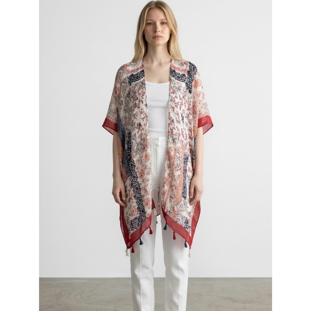 Raj Paisley Floral Print Tassels Red Blue Cream Kimono